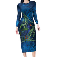 New Zealand Takahe Personalised Long Sleeve Bodycon Dress Silver Fern Galaxy Polynesian Pattern