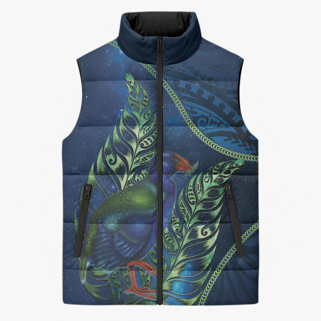 New Zealand Takahe Personalised Sleeveless Puffer Jacket Silver Fern Galaxy Polynesian Pattern