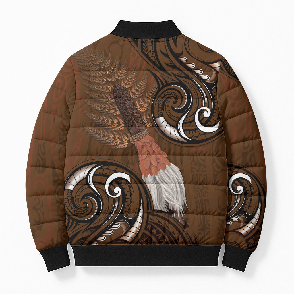 New Zealand Taiaha Bomber Puffer Jacket Maori Weapon Silver Fern Maori Pattern