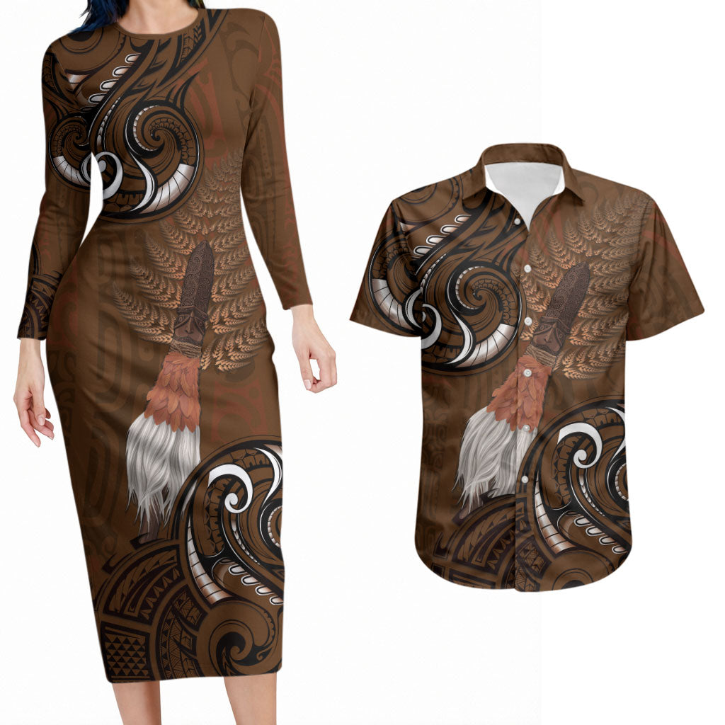 New Zealand Taiaha Couples Matching Long Sleeve Bodycon Dress and Hawaiian Shirt Maori Weapon Silver Fern Maori Pattern