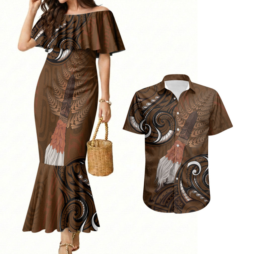 New Zealand Taiaha Couples Matching Mermaid Dress and Hawaiian Shirt Maori Weapon Silver Fern Maori Pattern