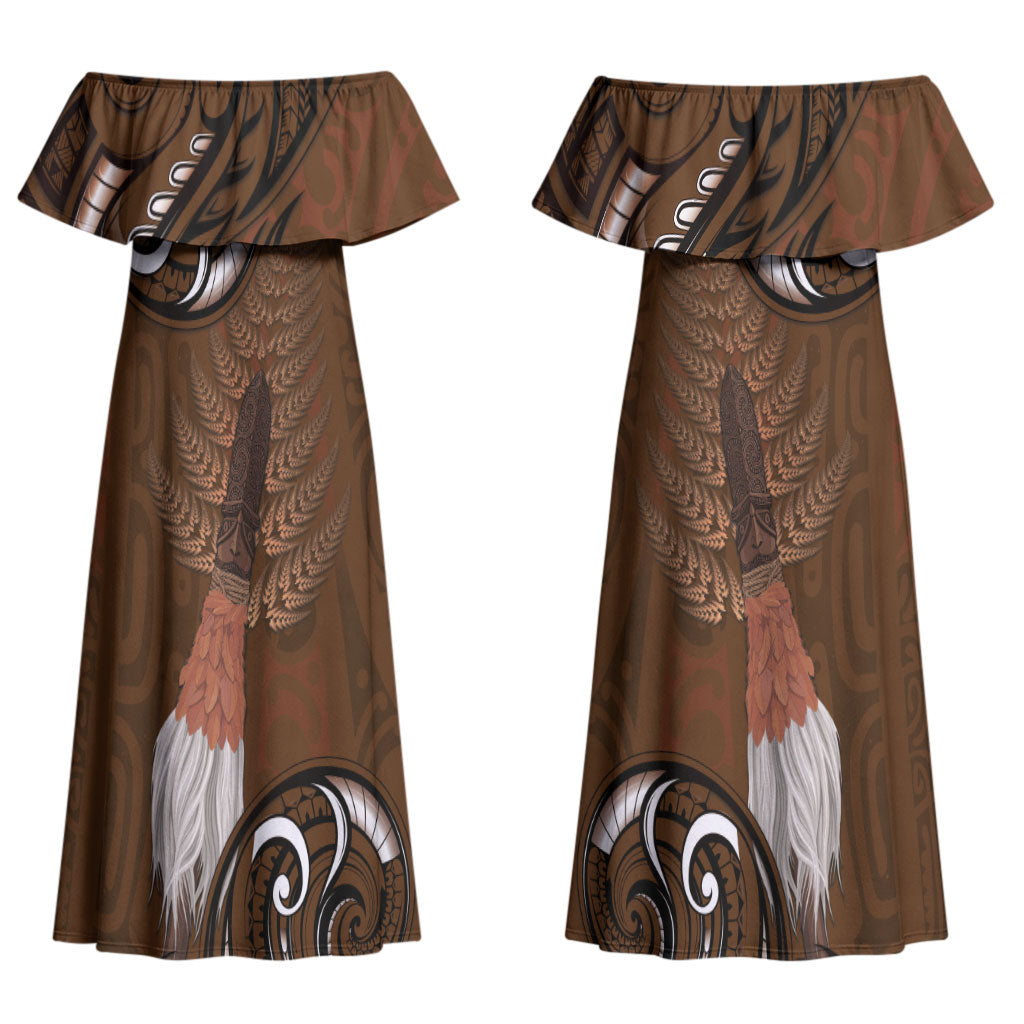 New Zealand Taiaha Couples Matching Off Shoulder Maxi Dress and Hawaiian Shirt Maori Weapon Silver Fern Maori Pattern