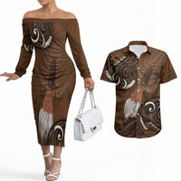New Zealand Taiaha Couples Matching Off The Shoulder Long Sleeve Dress and Hawaiian Shirt Maori Weapon Silver Fern Maori Pattern