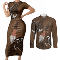 New Zealand Taiaha Couples Matching Short Sleeve Bodycon Dress and Long Sleeve Button Shirt Maori Weapon Silver Fern Maori Pattern