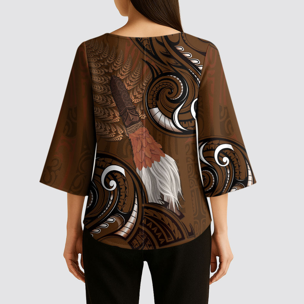 New Zealand Taiaha Kimono Sleeve Blouse Maori Weapon Silver Fern Maori Pattern