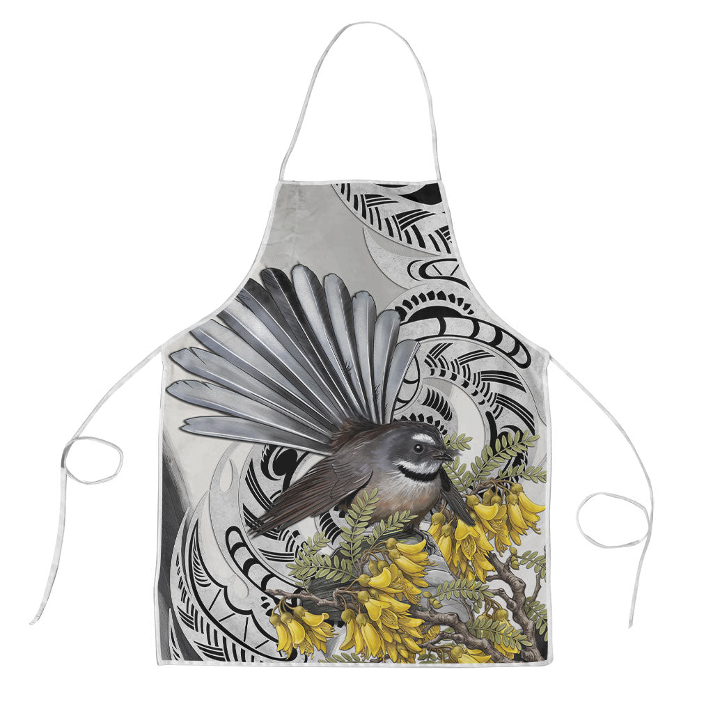 New Zealand Fantail Bird Apron Maori Piwakawaka Kowhai Maori Pattern LT22 Grey - Polynesian Pride