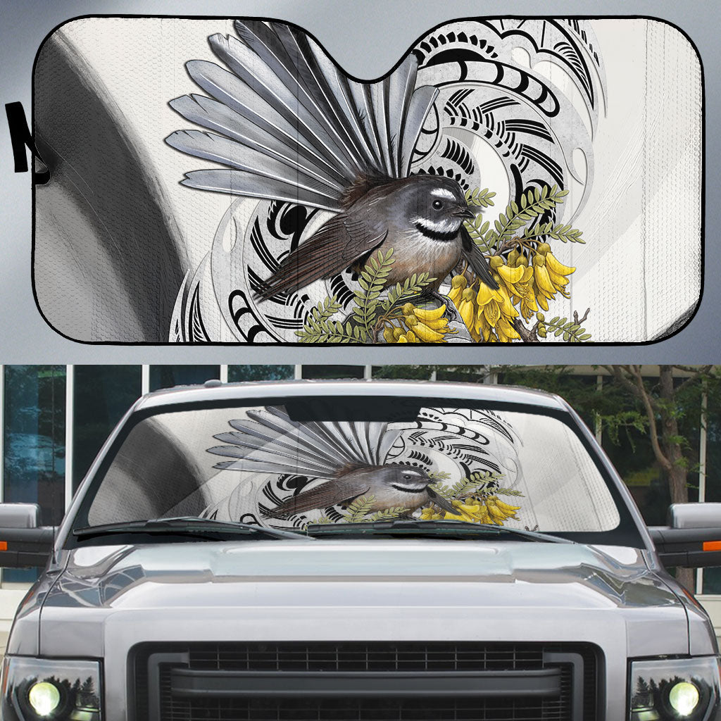 New Zealand Fantail Bird Auto Sun Shade Maori Piwakawaka Kowhai Maori Pattern LT22 Grey - Polynesian Pride