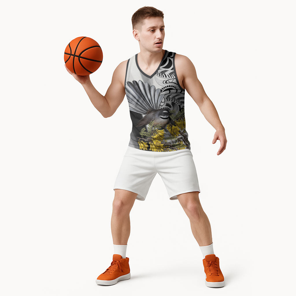 New Zealand Fantail Bird Basketball Jersey Maori Piwakawaka Kowhai Maori Pattern