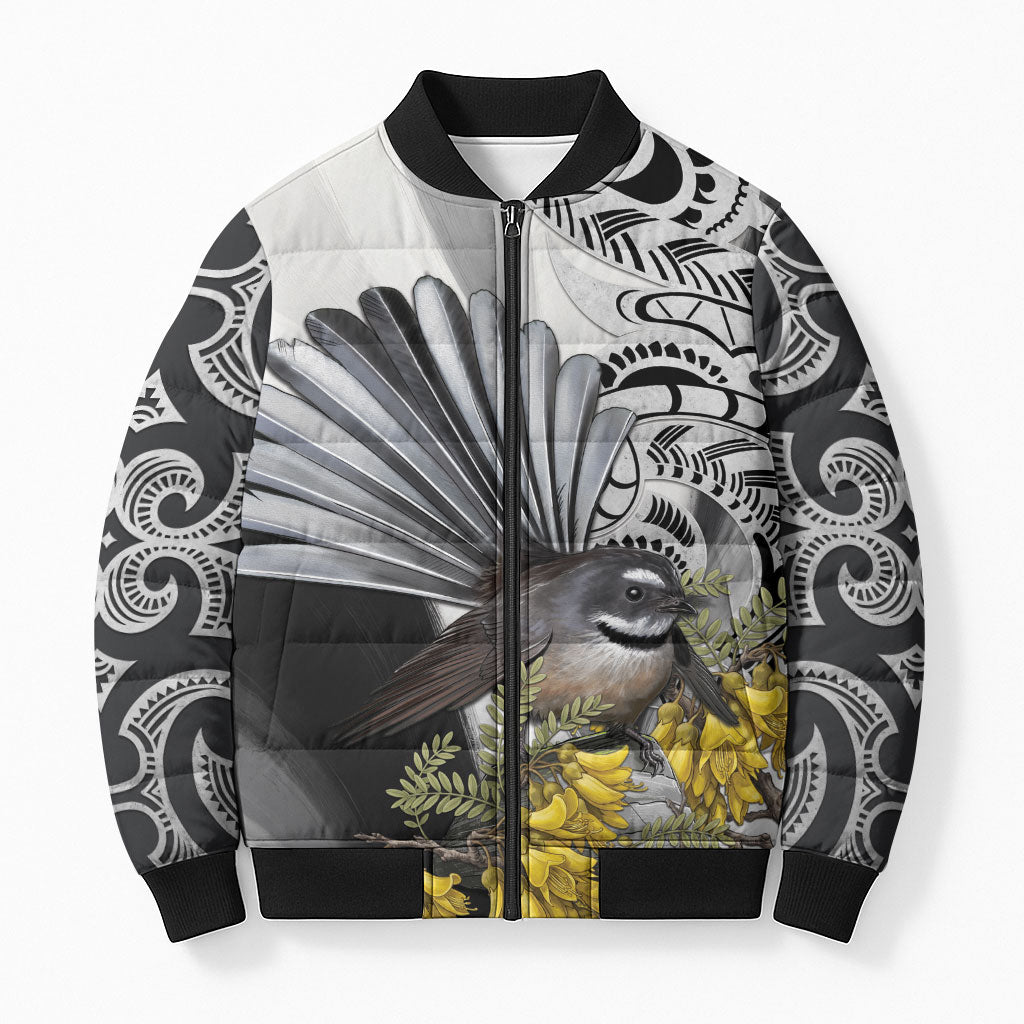 New Zealand Fantail Bird Bomber Puffer Jacket Maori Piwakawaka Kowhai Maori Pattern