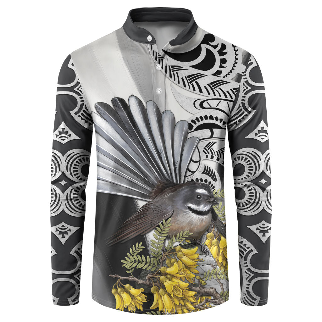 New Zealand Fantail Bird Button Sweatshirt Maori Piwakawaka Kowhai Maori Pattern LT22 Grey - Polynesian Pride