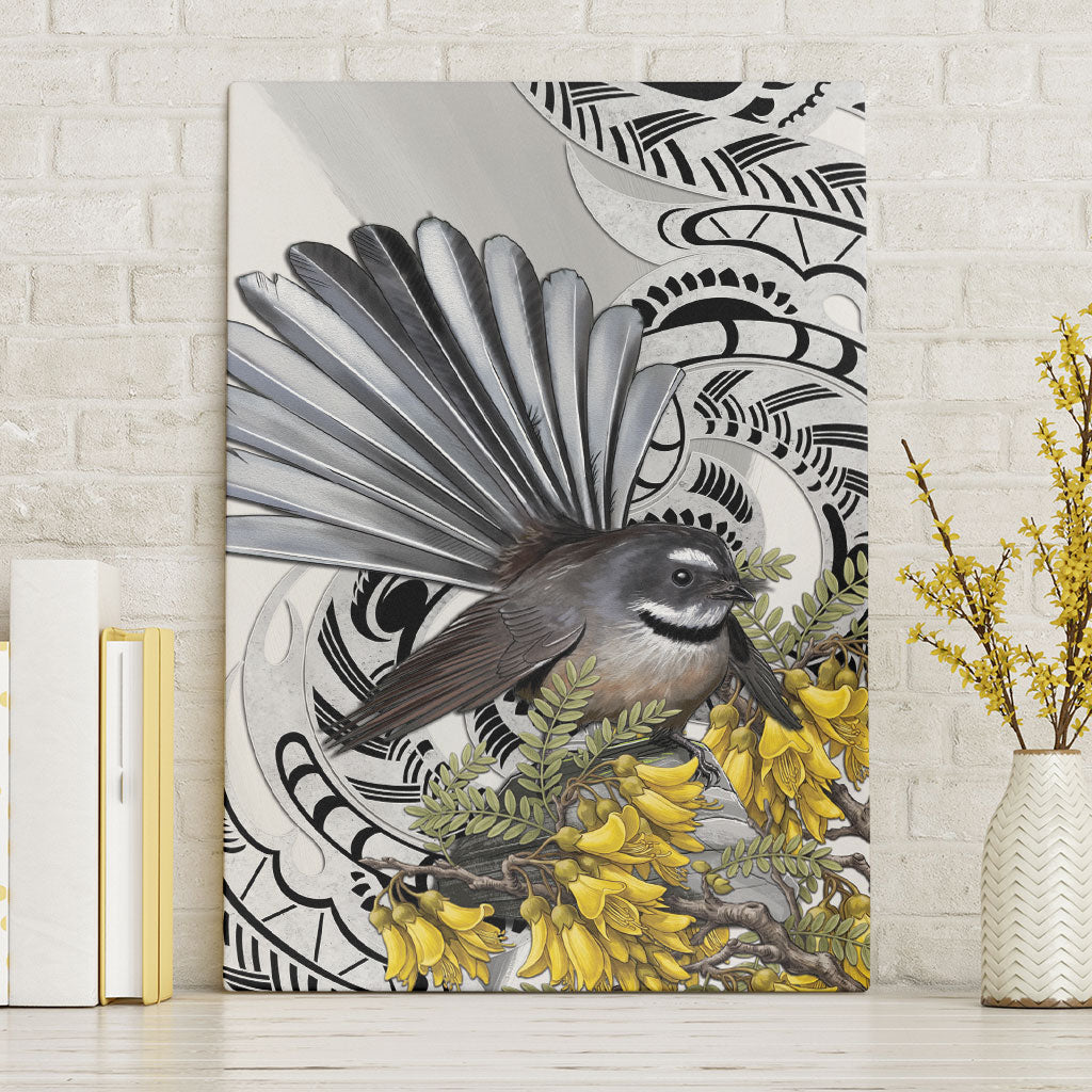 New Zealand Fantail Bird Canvas Wall Art Maori Piwakawaka Kowhai Maori Pattern