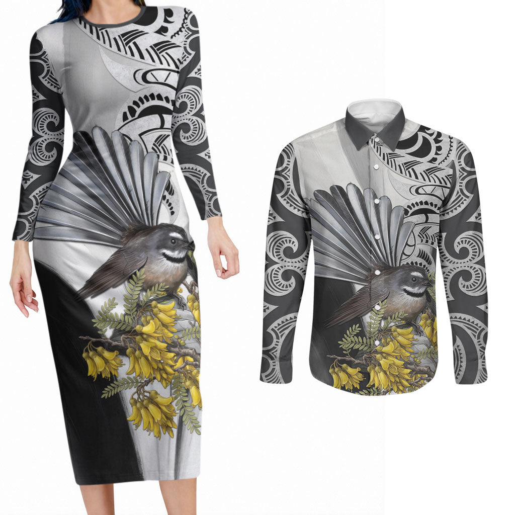 New Zealand Fantail Bird Couples Matching Long Sleeve Bodycon Dress and Long Sleeve Button Shirt Maori Piwakawaka Kowhai Maori Pattern