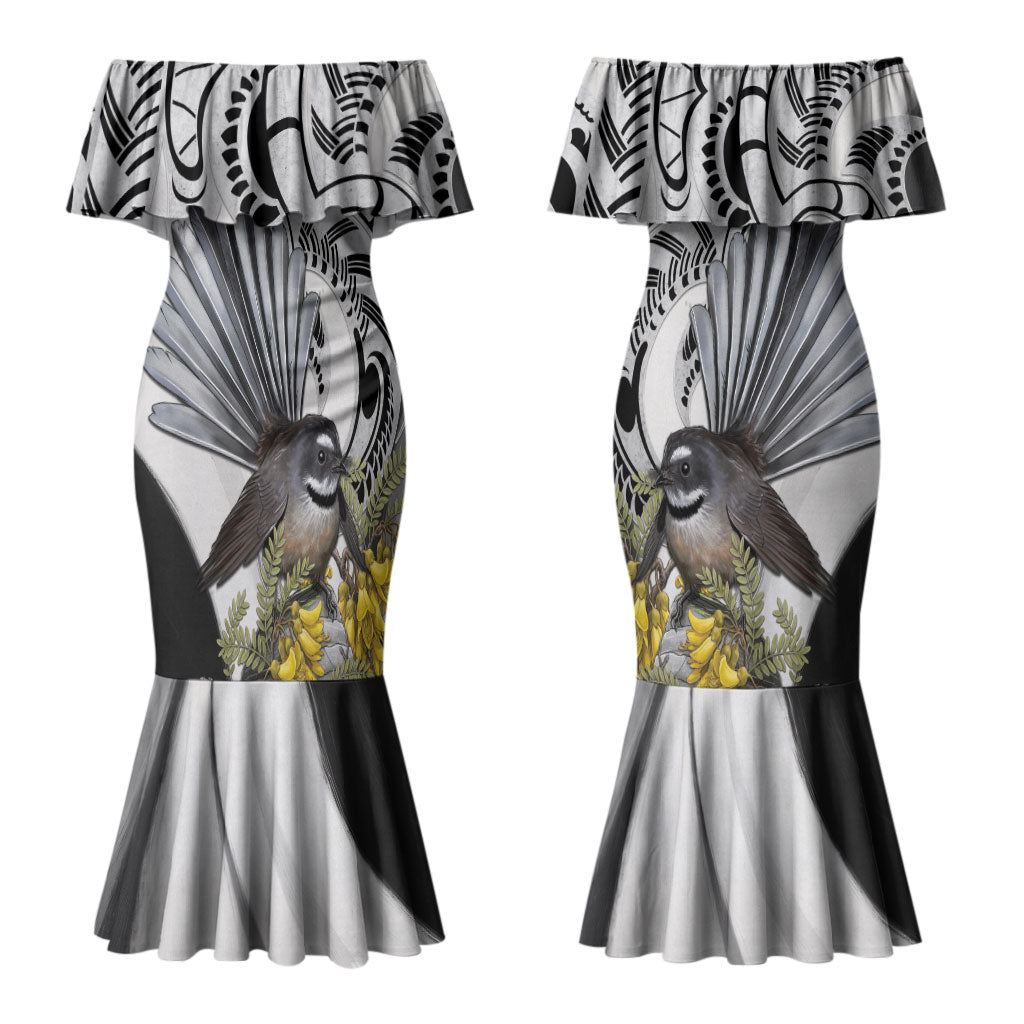 New Zealand Fantail Bird Couples Matching Mermaid Dress and Hawaiian Shirt Maori Piwakawaka Kowhai Maori Pattern