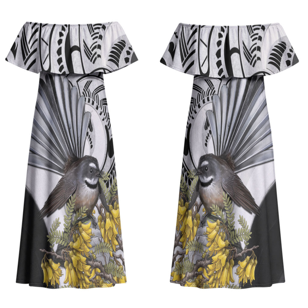New Zealand Fantail Bird Couples Matching Off Shoulder Maxi Dress and Long Sleeve Button Shirt Maori Piwakawaka Kowhai Maori Pattern