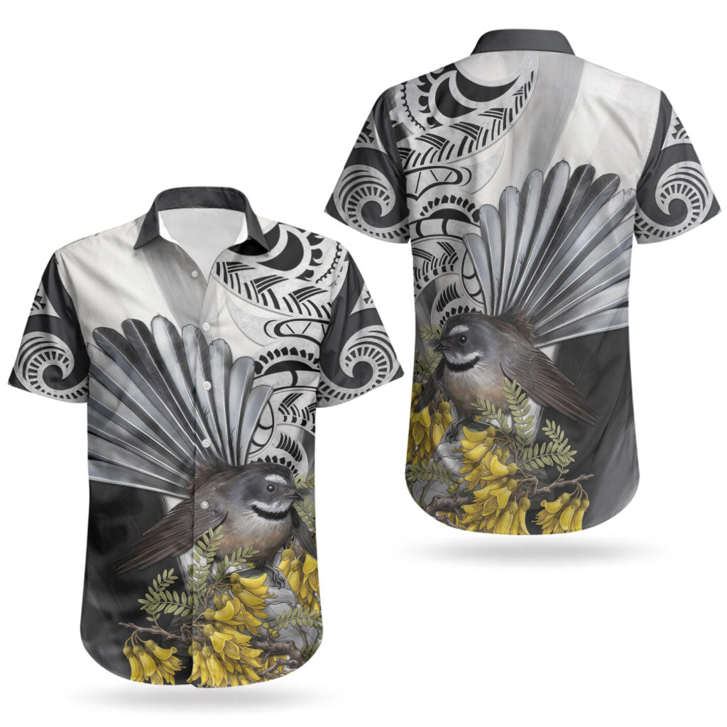 New Zealand Fantail Bird Couples Matching Off Shoulder Short Dress and Hawaiian Shirt Maori Piwakawaka Kowhai Maori Pattern