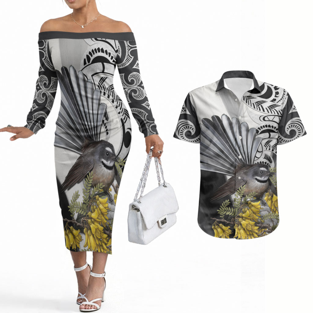 New Zealand Fantail Bird Couples Matching Off The Shoulder Long Sleeve Dress and Hawaiian Shirt Maori Piwakawaka Kowhai Maori Pattern