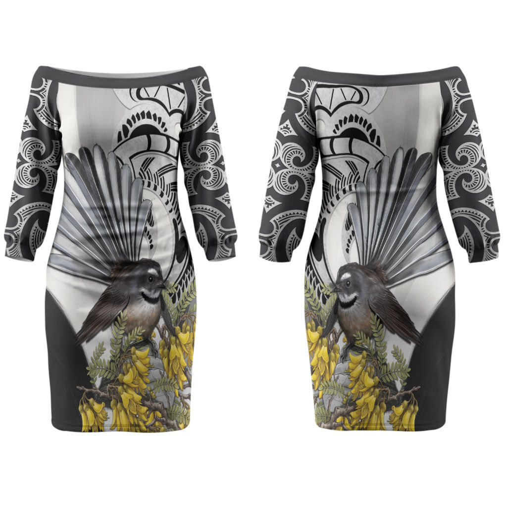 New Zealand Fantail Bird Couples Matching Off The Shoulder Long Sleeve Dress and Long Sleeve Button Shirt Maori Piwakawaka Kowhai Maori Pattern
