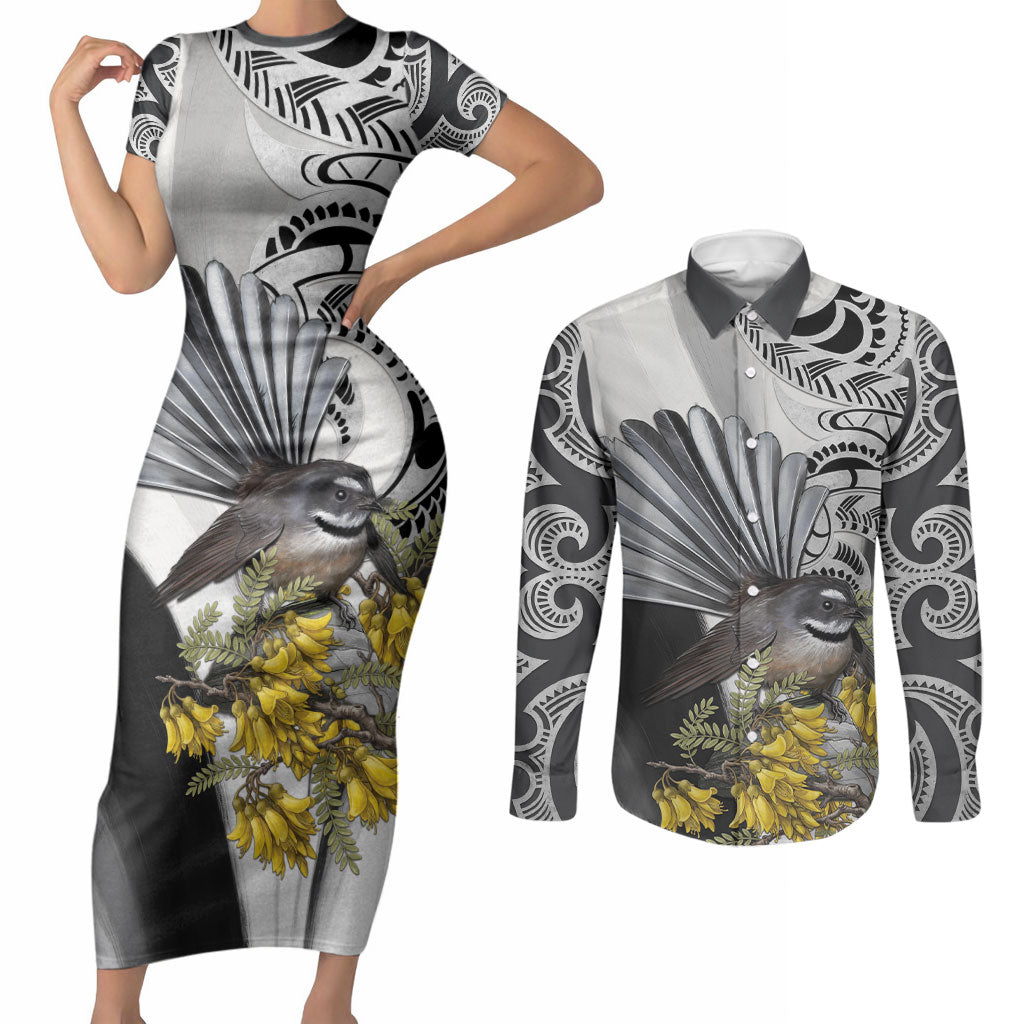 New Zealand Fantail Bird Couples Matching Short Sleeve Bodycon Dress and Long Sleeve Button Shirt Maori Piwakawaka Kowhai Maori Pattern