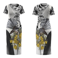 New Zealand Fantail Bird Couples Matching Short Sleeve Bodycon Dress and Long Sleeve Button Shirt Maori Piwakawaka Kowhai Maori Pattern