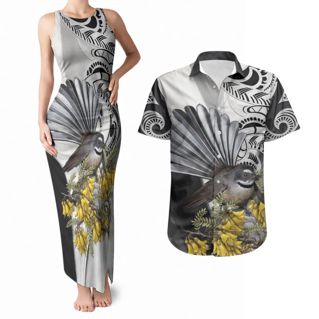 New Zealand Fantail Bird Couples Matching Tank Maxi Dress and Hawaiian Shirt Maori Piwakawaka Kowhai Maori Pattern LT22 Grey - Polynesian Pride