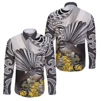 New Zealand Fantail Bird Family Matching Long Sleeve Bodycon Dress and Hawaiian Shirt Maori Piwakawaka Kowhai Maori Pattern