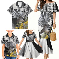 New Zealand Fantail Bird Family Matching Mermaid Dress and Hawaiian Shirt Maori Piwakawaka Kowhai Maori Pattern
