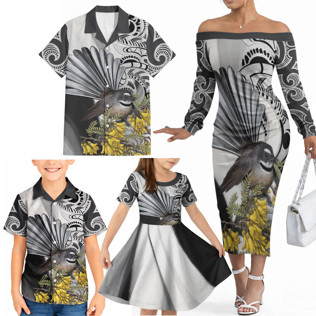 New Zealand Fantail Bird Family Matching Off The Shoulder Long Sleeve Dress and Hawaiian Shirt Maori Piwakawaka Kowhai Maori Pattern LT22 - Polynesian Pride