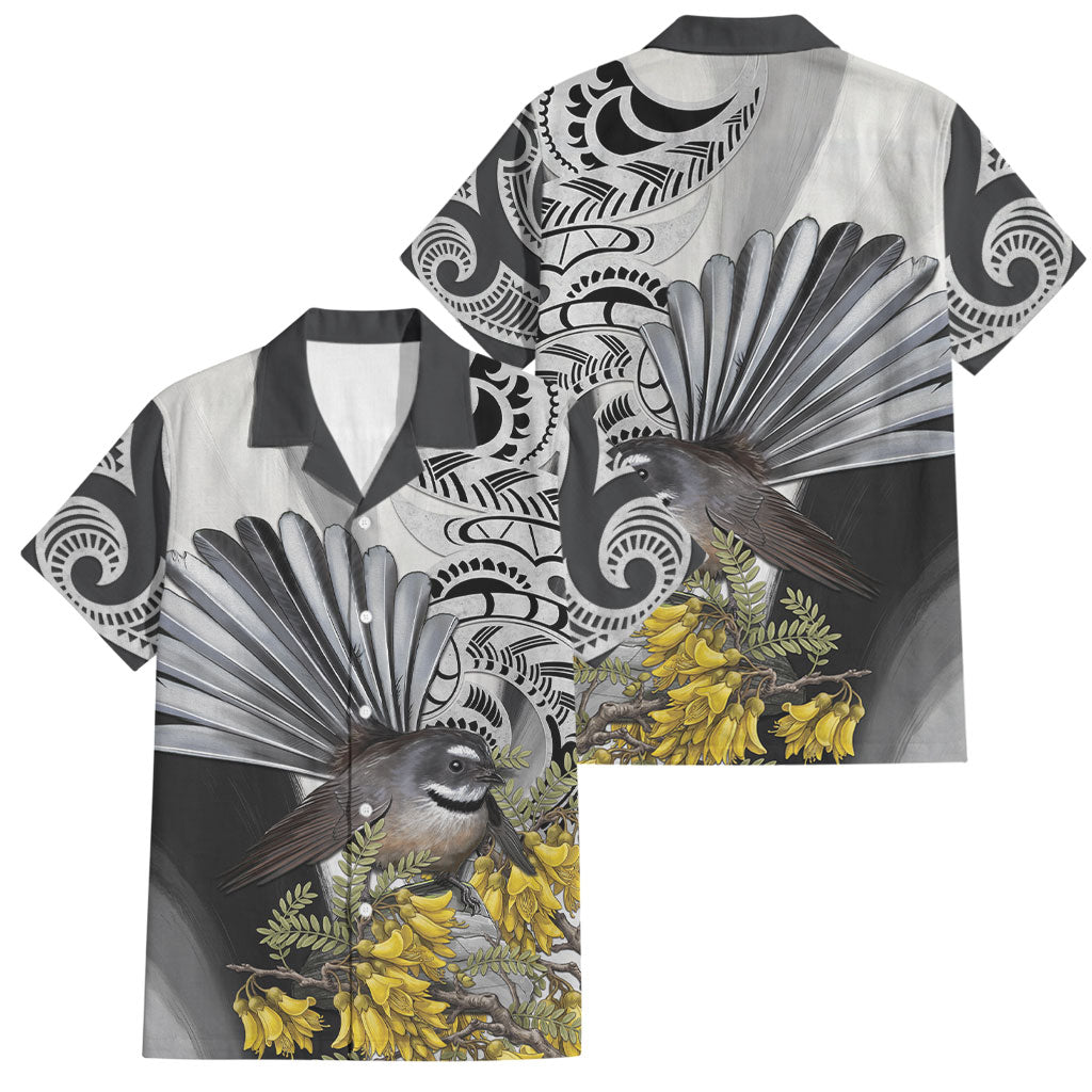 New Zealand Fantail Bird Family Matching Short Sleeve Bodycon Dress and Hawaiian Shirt Maori Piwakawaka Kowhai Maori Pattern