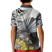 New Zealand Fantail Bird Kid Polo Shirt Maori Piwakawaka Kowhai Maori Pattern