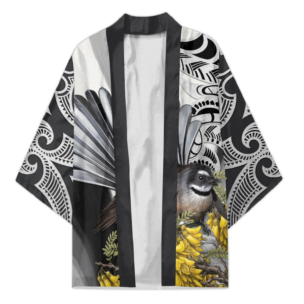 New Zealand Fantail Bird Kimono Maori Piwakawaka Kowhai Maori Pattern LT22 Unisex Grey - Polynesian Pride