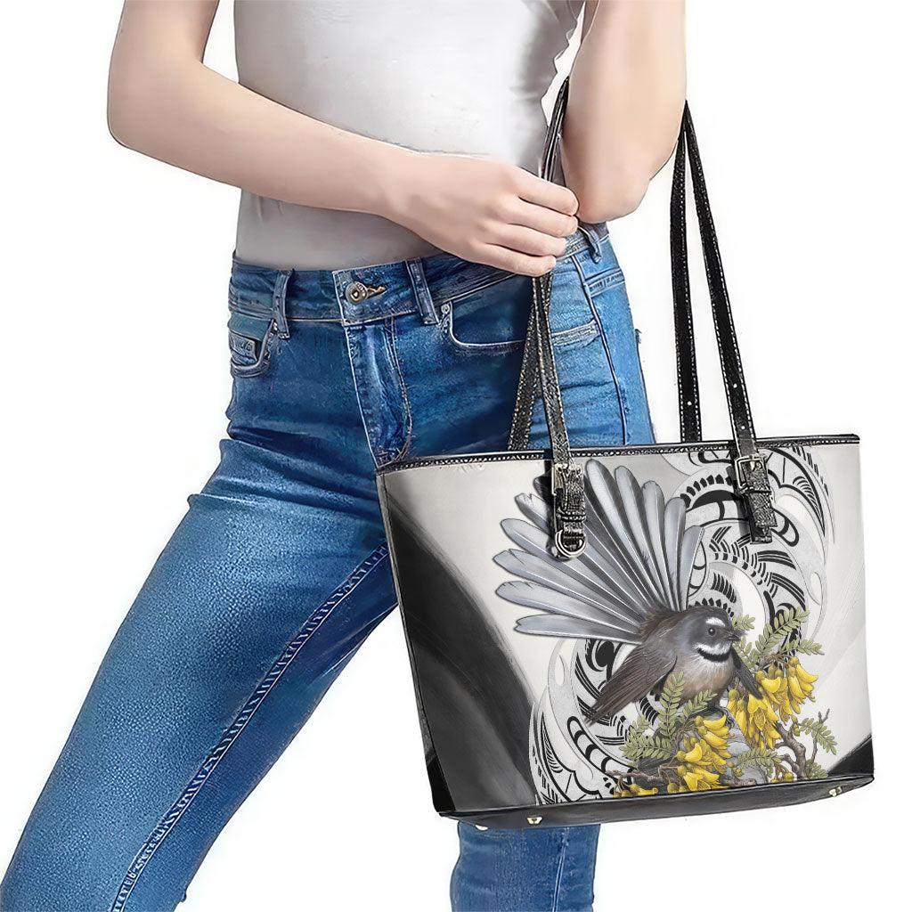 New Zealand Fantail Bird Leather Tote Bag Maori Piwakawaka Kowhai Maori Pattern