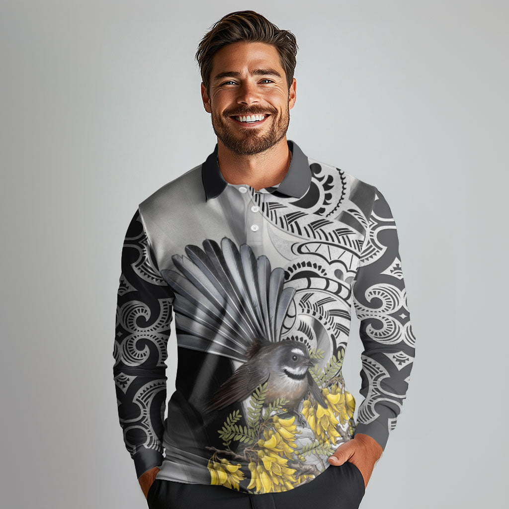 New Zealand Fantail Bird Long Sleeve Polo Shirt Maori Piwakawaka Kowhai Maori Pattern