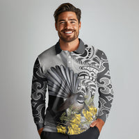New Zealand Fantail Bird Long Sleeve Polo Shirt Maori Piwakawaka Kowhai Maori Pattern