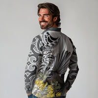 New Zealand Fantail Bird Long Sleeve Polo Shirt Maori Piwakawaka Kowhai Maori Pattern