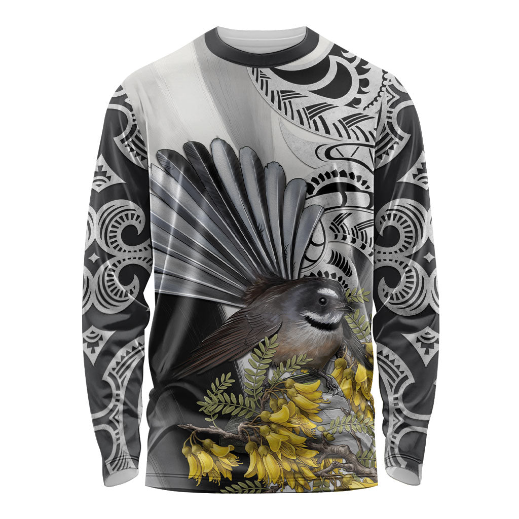 New Zealand Fantail Bird Long Sleeve Shirt Maori Piwakawaka Kowhai Maori Pattern LT22 Unisex Grey - Polynesian Pride