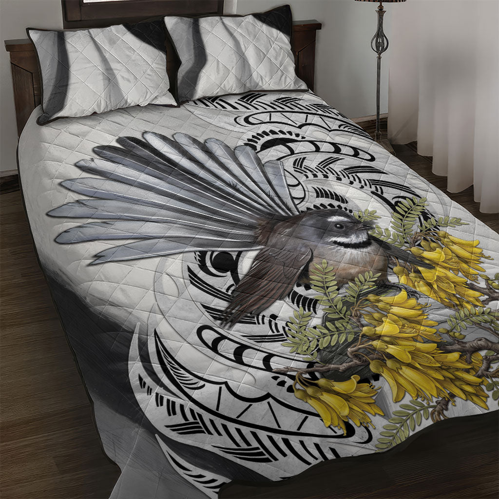 New Zealand Fantail Bird Quilt Bed Set Maori Piwakawaka Kowhai Maori Pattern LT22 Grey - Polynesian Pride