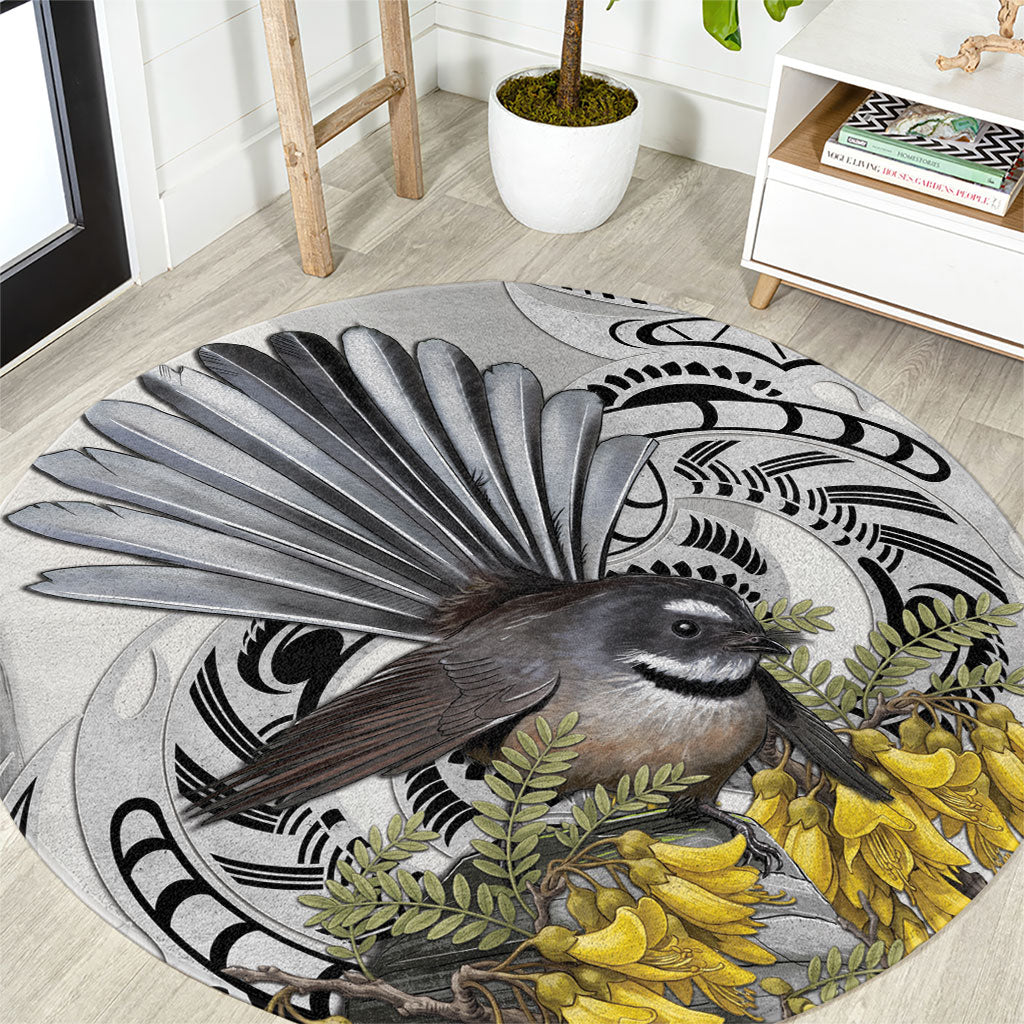 New Zealand Fantail Bird Round Carpet Maori Piwakawaka Kowhai Maori Pattern LT22 Grey - Polynesian Pride
