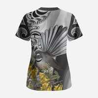 New Zealand Fantail Bird Scrub Top Maori Piwakawaka Kowhai Maori Pattern