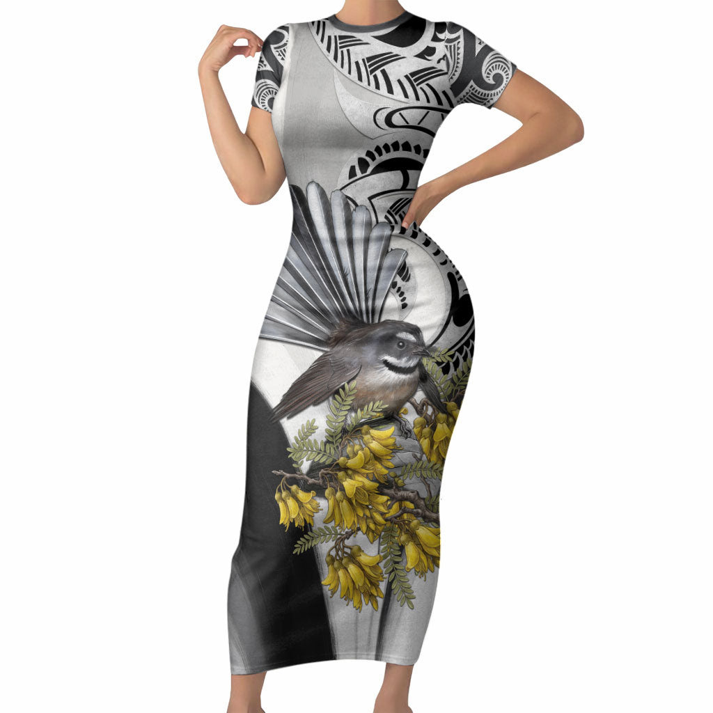 New Zealand Fantail Bird Short Sleeve Bodycon Dress Maori Piwakawaka Kowhai Maori Pattern