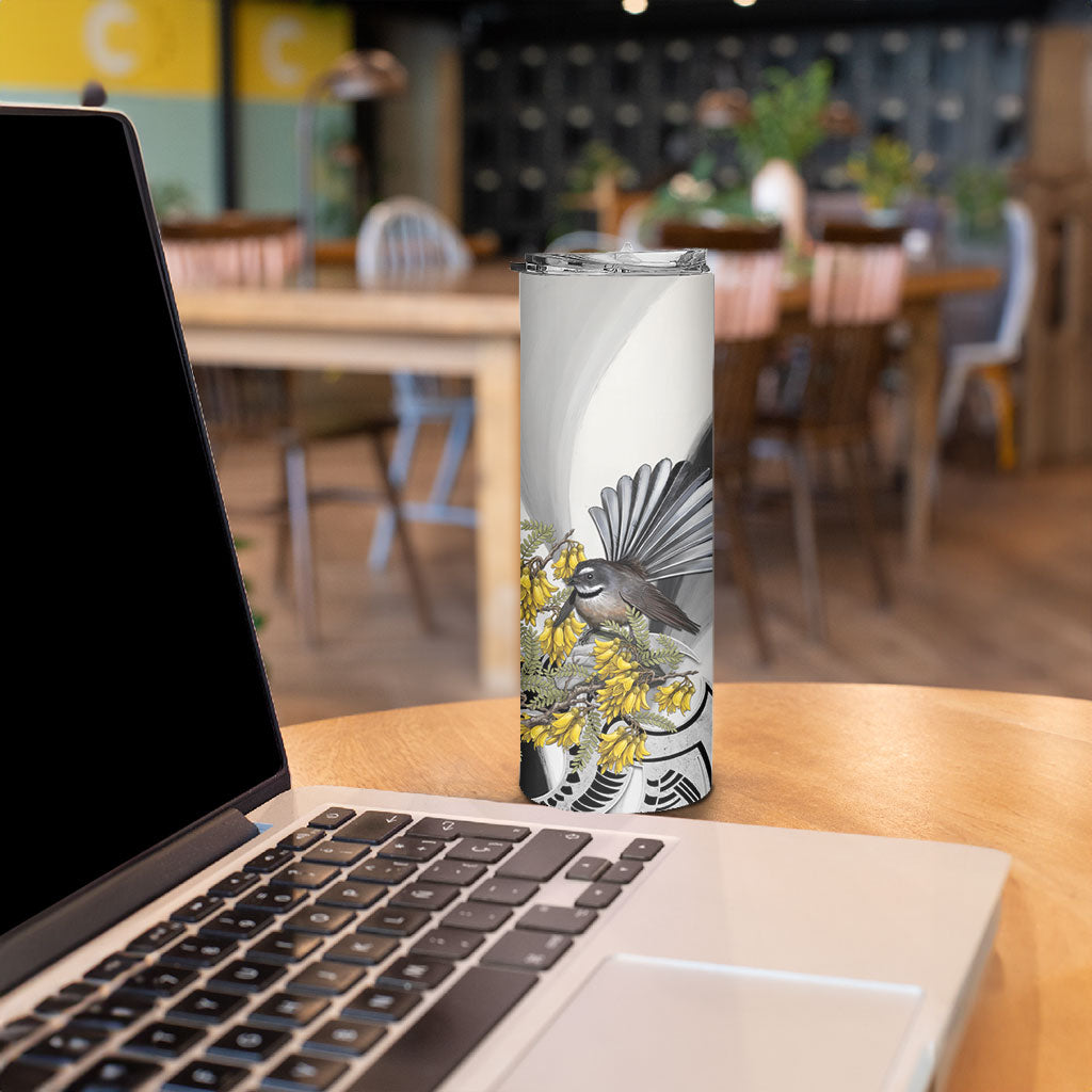 New Zealand Fantail Bird Skinny Tumbler Maori Piwakawaka Kowhai Maori Pattern
