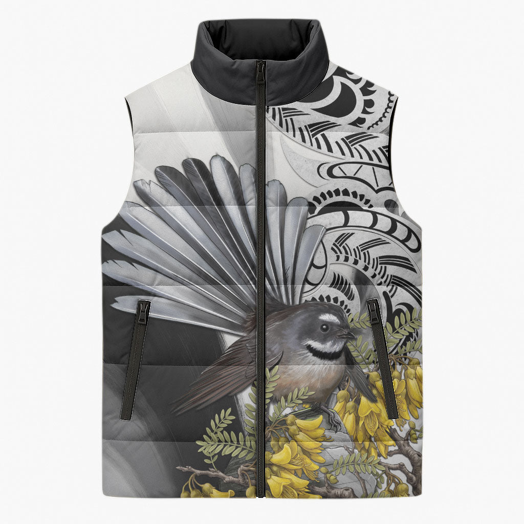 New Zealand Fantail Bird Sleeveless Puffer Jacket Maori Piwakawaka Kowhai Maori Pattern LT22 Unisex Grey - Polynesian Pride