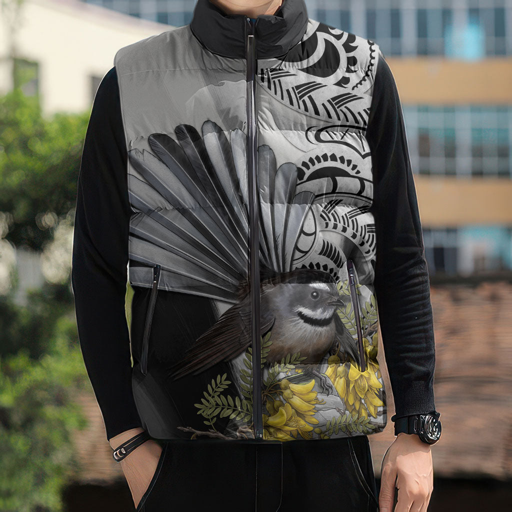 New Zealand Fantail Bird Sleeveless Puffer Jacket Maori Piwakawaka Kowhai Maori Pattern
