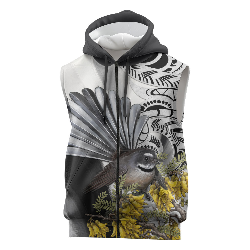 New Zealand Fantail Bird Sleeveless Zip Hoodie Maori Piwakawaka Kowhai Maori Pattern