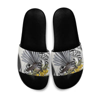 New Zealand Fantail Bird Slide Sandals Maori Piwakawaka Kowhai Maori Pattern