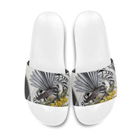 New Zealand Fantail Bird Slide Sandals Maori Piwakawaka Kowhai Maori Pattern