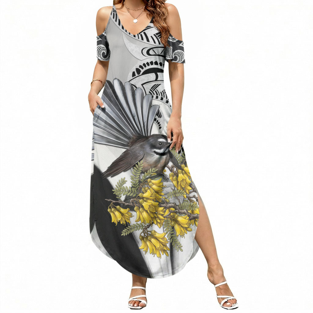 New Zealand Fantail Bird Summer Maxi Dress Maori Piwakawaka Kowhai Maori Pattern LT22 Women Grey - Polynesian Pride