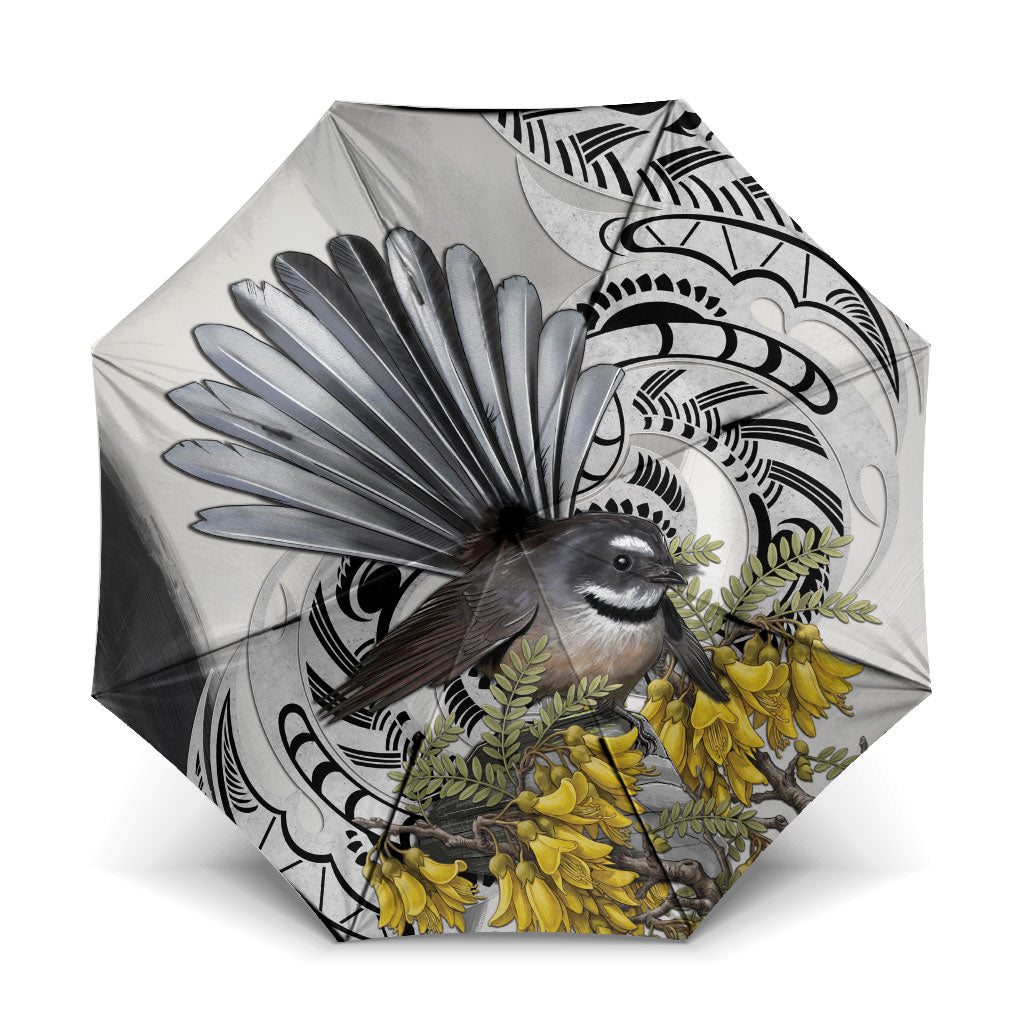New Zealand Fantail Bird Umbrella Maori Piwakawaka Kowhai Maori Pattern LT22 One Size Folded 11.42 inch Opened Diameter 37.4 inch Grey - Polynesian Pride