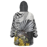 New Zealand Fantail Bird Wearable Blanket Hoodie Maori Piwakawaka Kowhai Maori Pattern