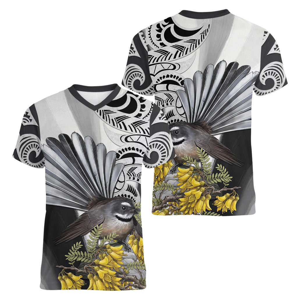 New Zealand Fantail Bird Women V-Neck T-Shirt Maori Piwakawaka Kowhai Maori Pattern