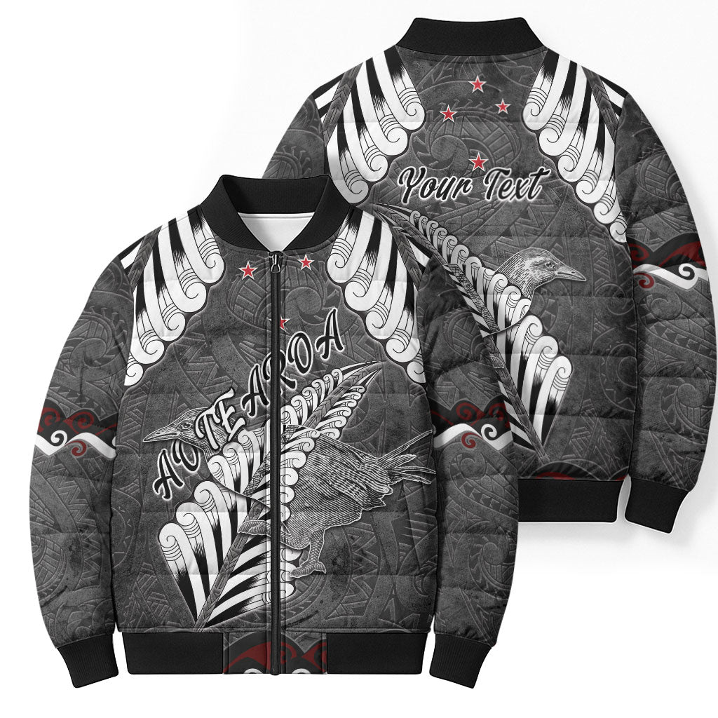 New Zealand Weka Personalised Bomber Puffer Jacket Aotearoa Hen Silver Fern Maori Pattern LT22 - Polynesian Pride